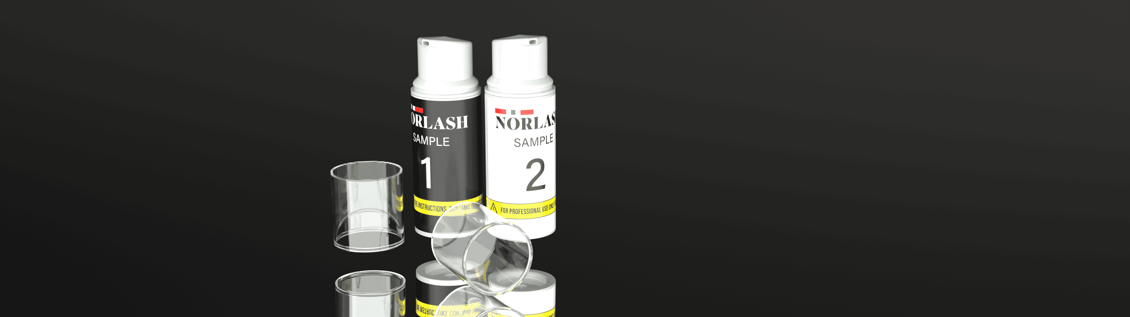 Two bottles of NORLASH sample lotion bottles on a black reflective background